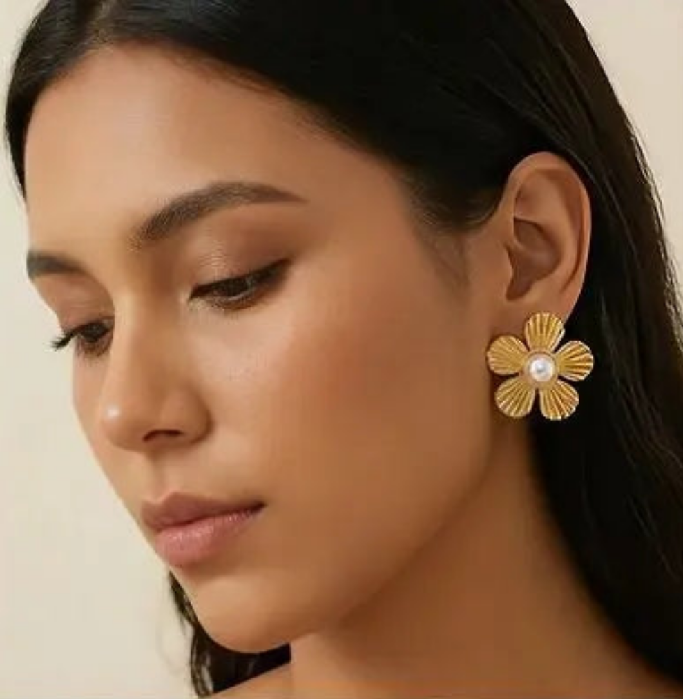 Golden Bloom Flower Stud Earrings | 316L Stainless Steel