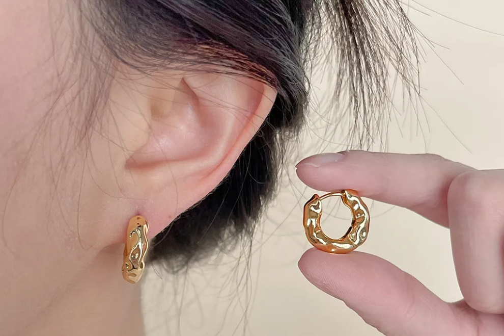 Minimalist Textured Hoop Earrings in Stainless Steel.