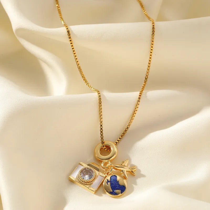 Golden Enamel Earth Pendant Necklace