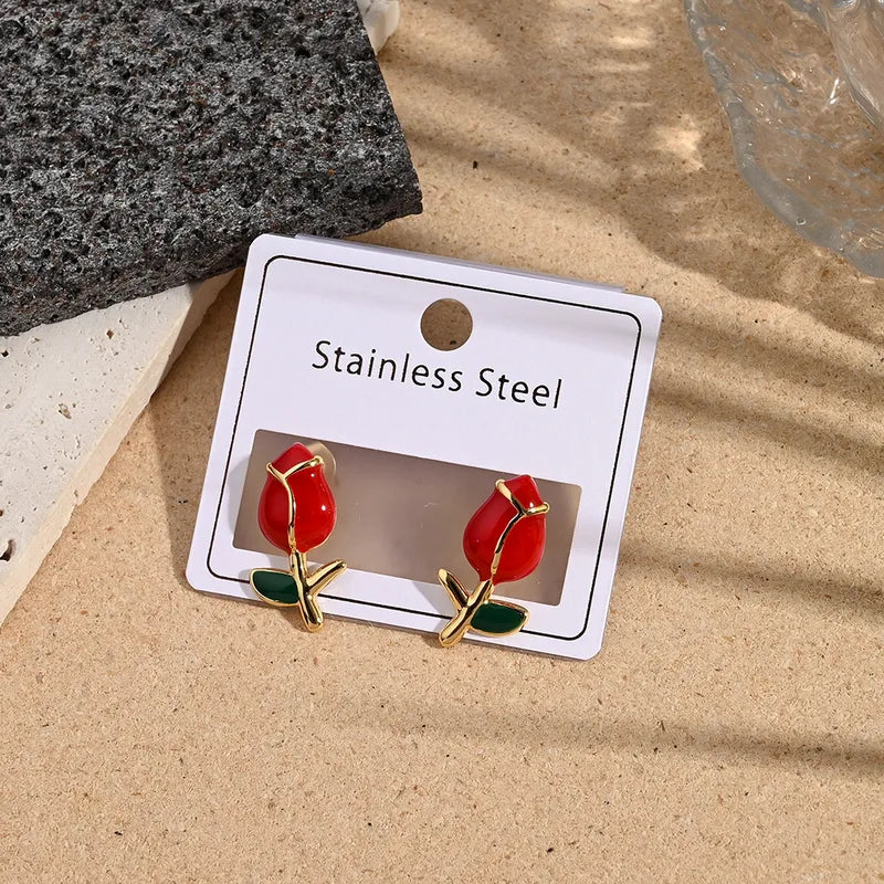 Enamel Rose Blossom Gold Stud Earrings
