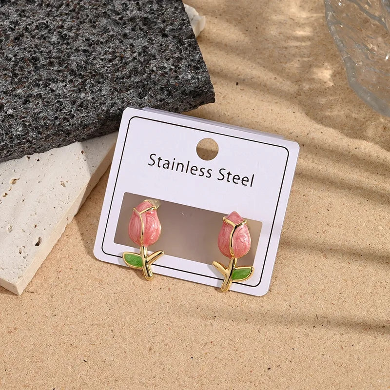 Enamel Rose Blossom Gold Stud Earrings