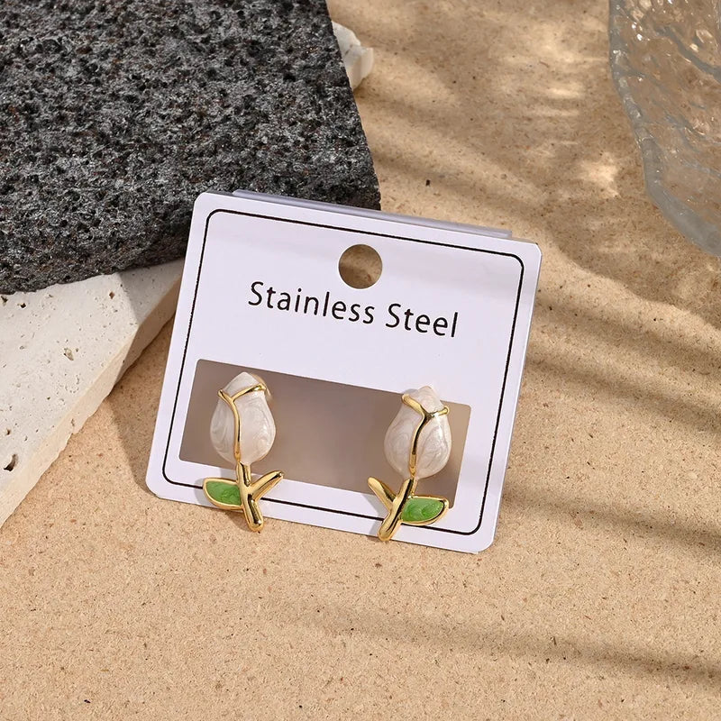 Enamel Rose Blossom Gold Stud Earrings