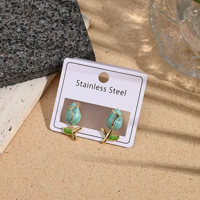 Enamel Rose Blossom Gold Stud Earrings