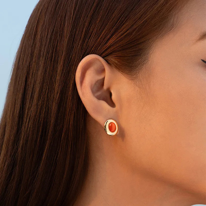 Gold Plated Oval Stone Stud Earrings