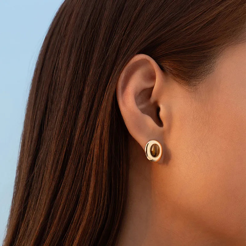 Gold Plated Oval Stone Stud Earrings