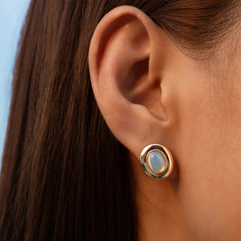Gold Plated Oval Stone Stud Earrings