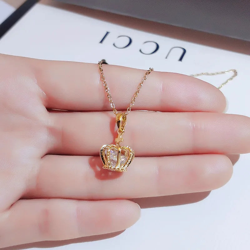 Gold & White K Plated Crown Pendant Necklace