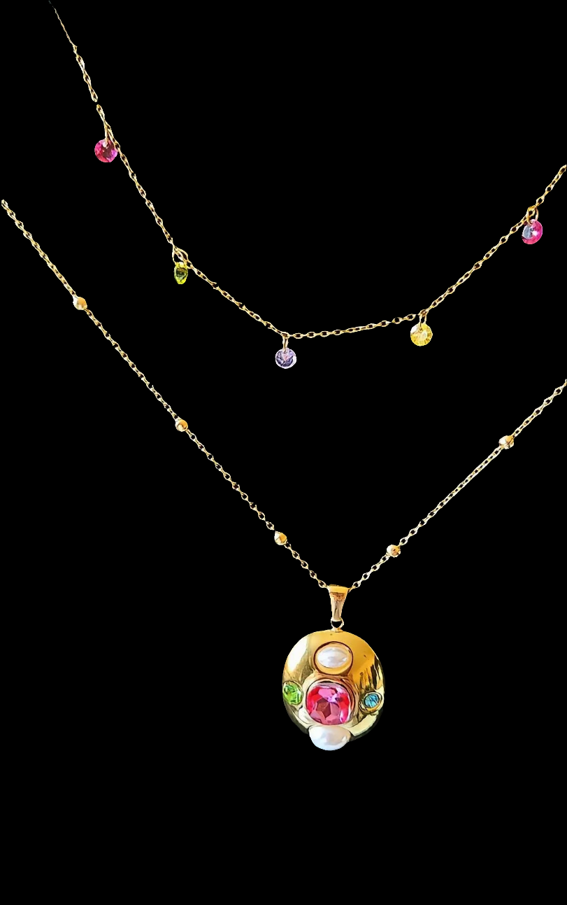 18K Gold Plated Oval Pendant Necklace with Zircon | Stainless Steel