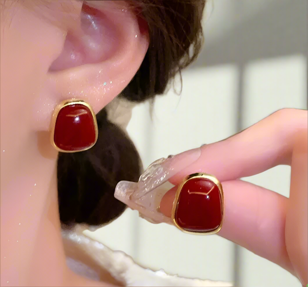 Red Stone Stud Earrings.