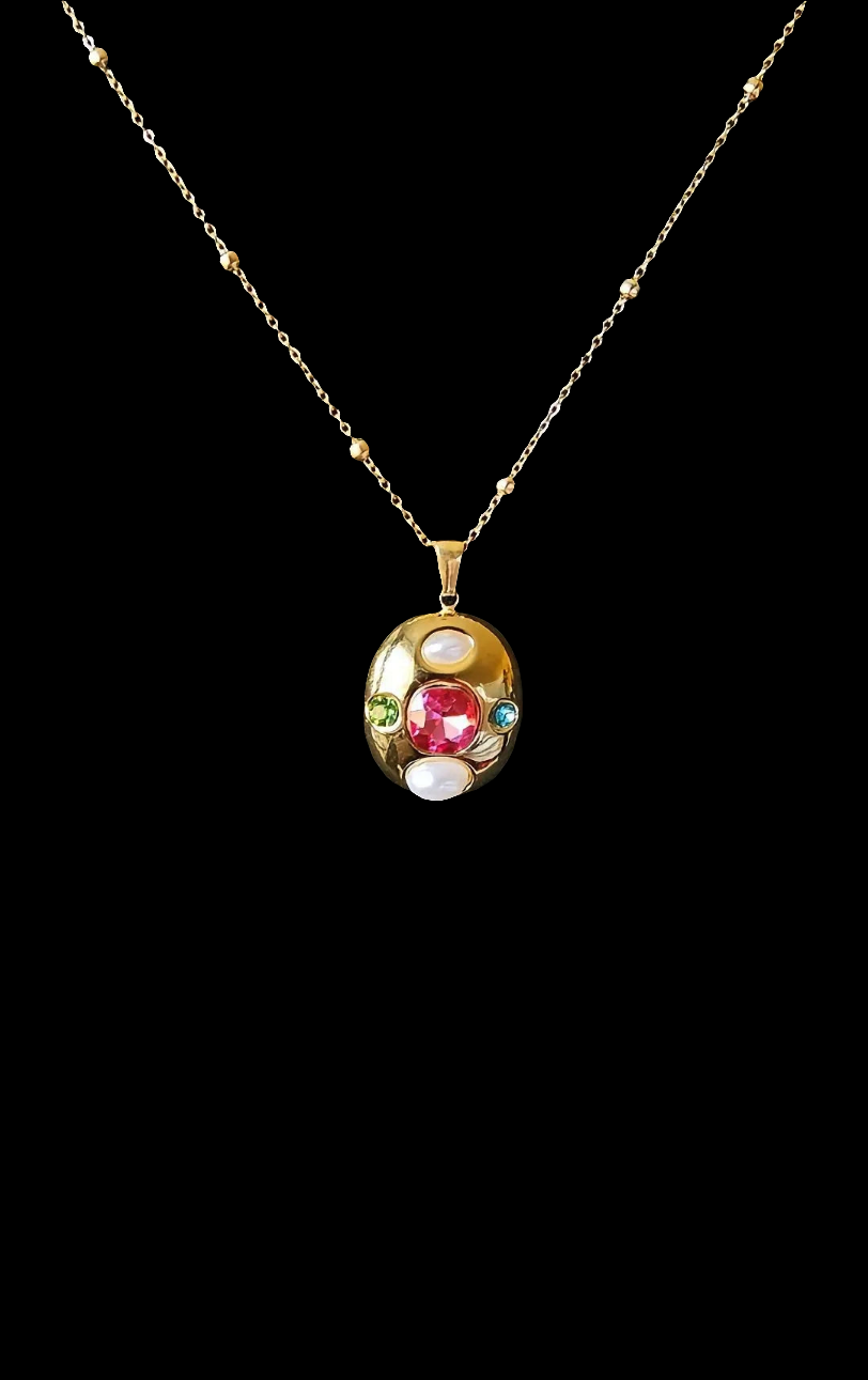 18K Gold Plated Oval Pendant Necklace with Zircon | Stainless Steel