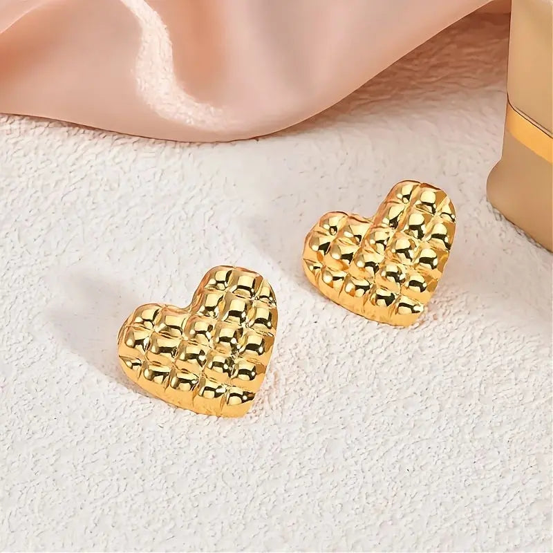 Textured Gold Heart Stud Earrings | 304 Stainless Steel