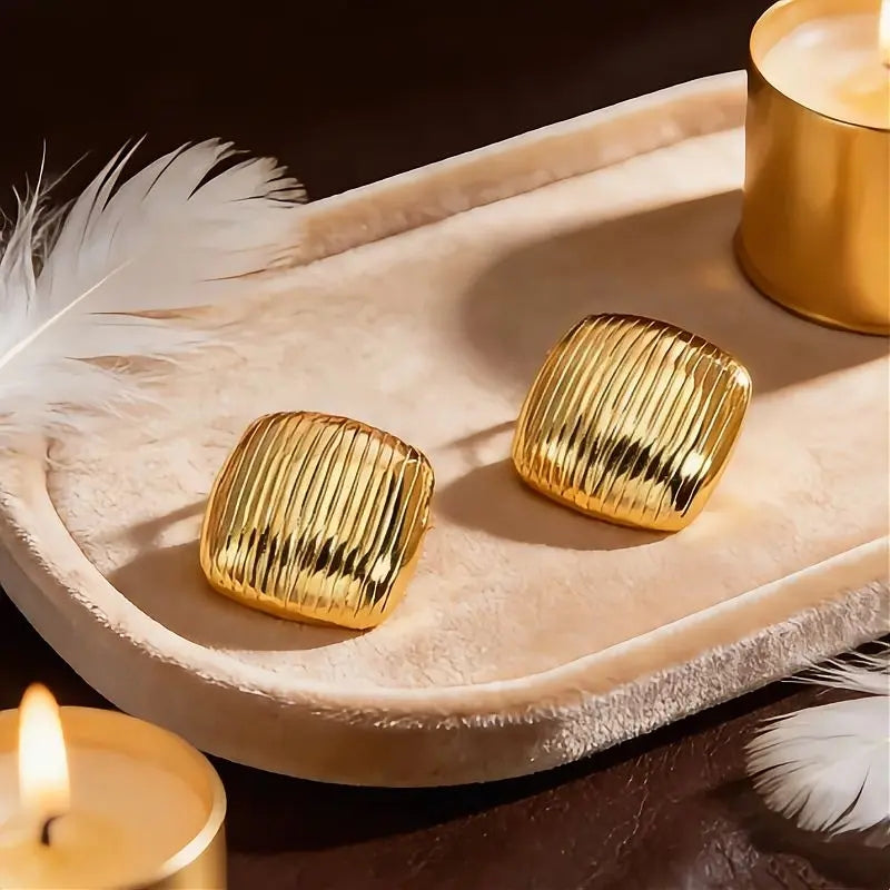 Textured Gold Square Stud Earrings| 14K Gold Plated Stainless Steel