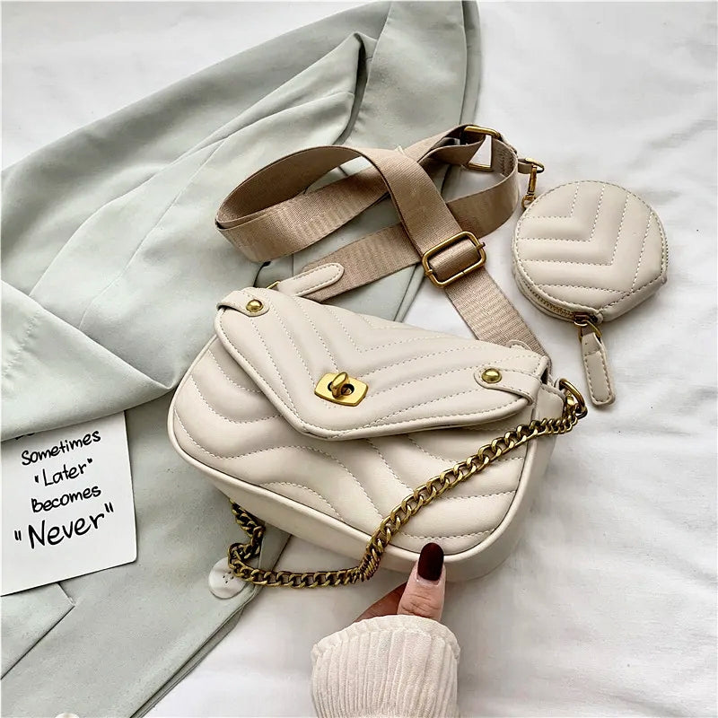 Quilted Crossbody Bag with Gold Chain & Mini Pouch
