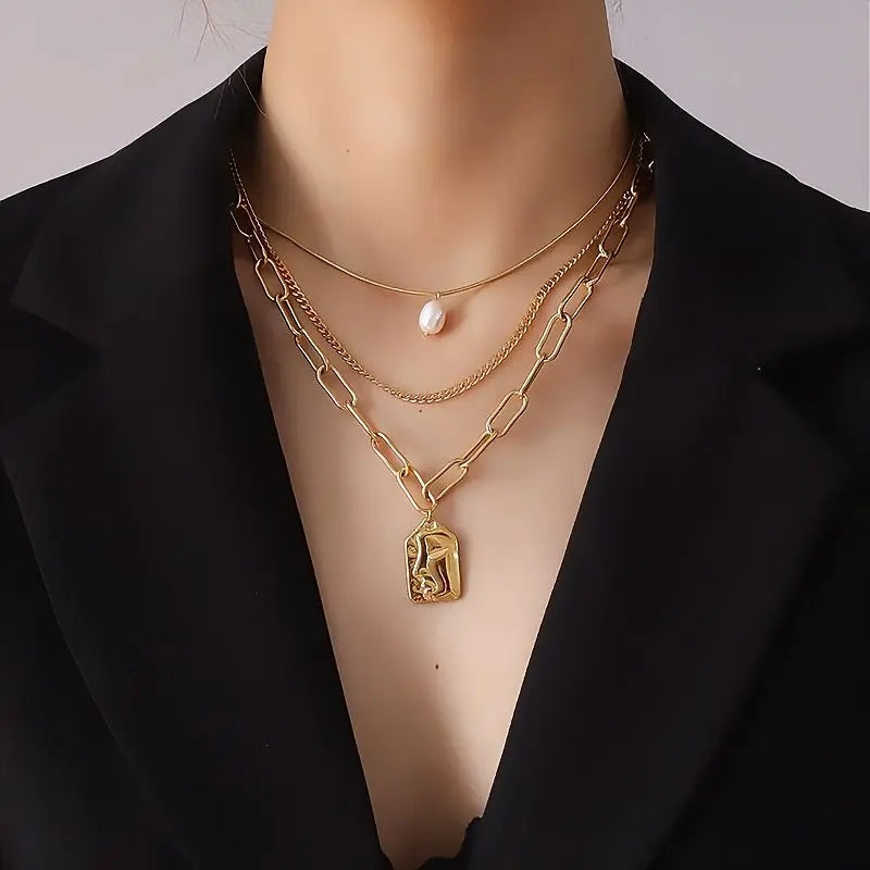 18K Gold Plated Face Pendant Layered Necklace | Waterproof Stainless Steel