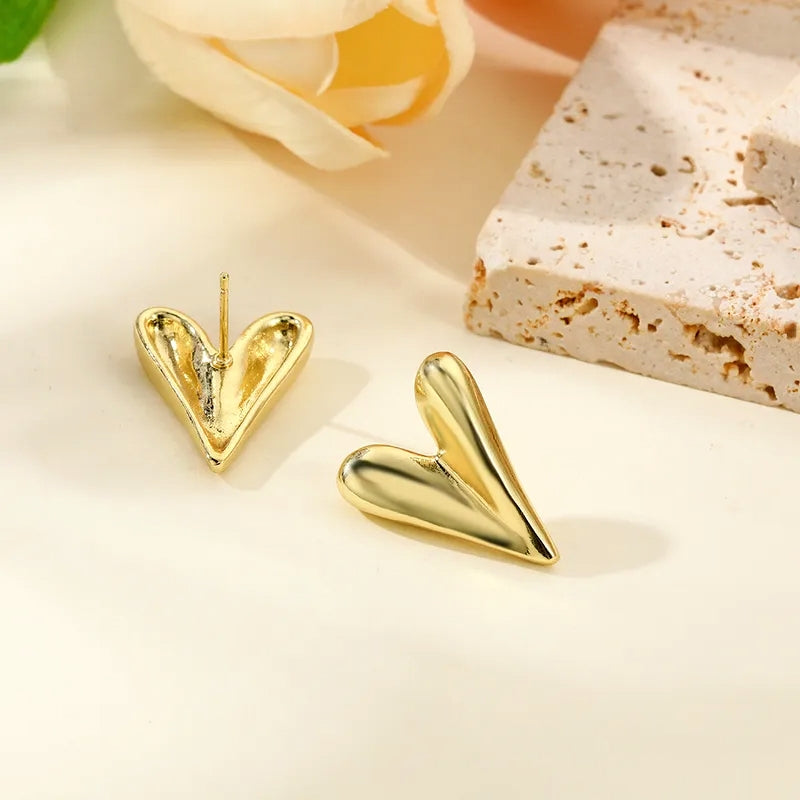 Gold Sculpted Heart Stud Earrings