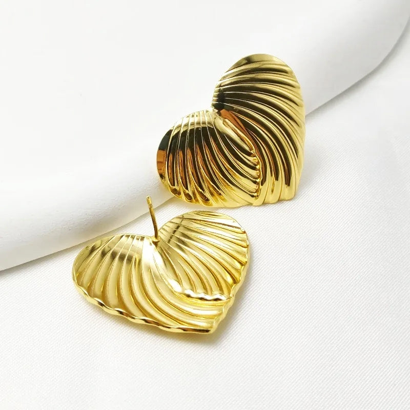 Gold Sculpted Heart Stud Earrings – 304 Stainless Steel
