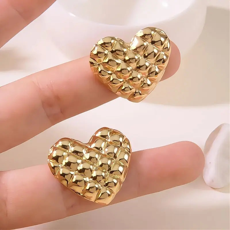 Textured Gold Heart Stud Earrings | 304 Stainless Steel
