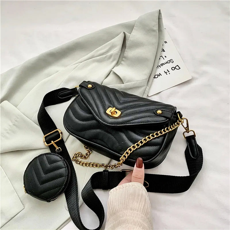 Quilted Crossbody Bag with Gold Chain & Mini Pouch
