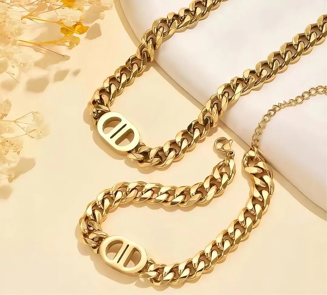 18K Gold PVD Geometric Chain Necklace & Bracelet Set |Waterproof Stainless Steel
