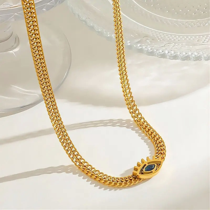 18K Gold-Plated Evil Eye Necklace–Stainless Steel Flat Chain