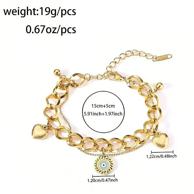 18K Gold-Plated Heart & Evil Eye Charm Bracelet