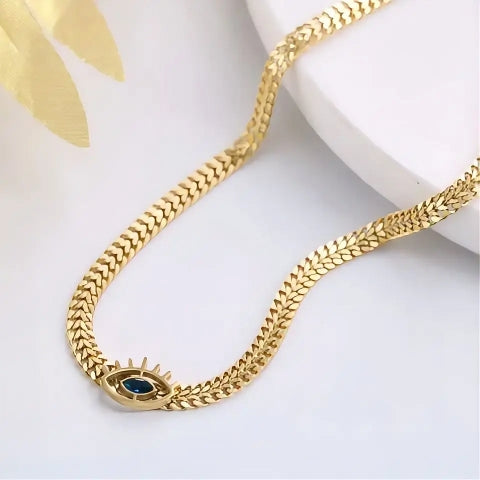 18K Gold-Plated Evil Eye Necklace–Stainless Steel Flat Chain