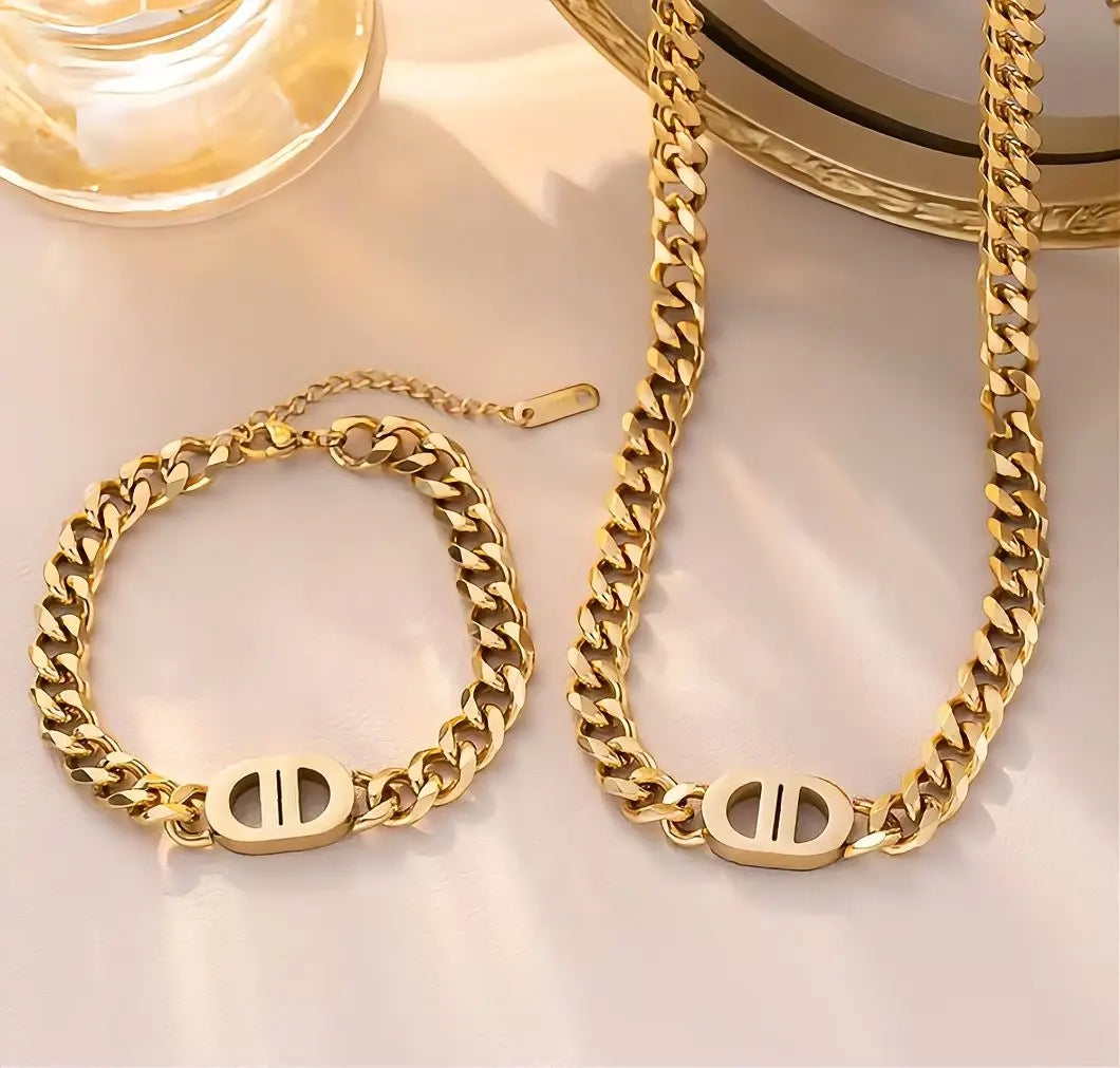 18K Gold PVD Geometric Chain Necklace & Bracelet Set |Waterproof Stainless Steel