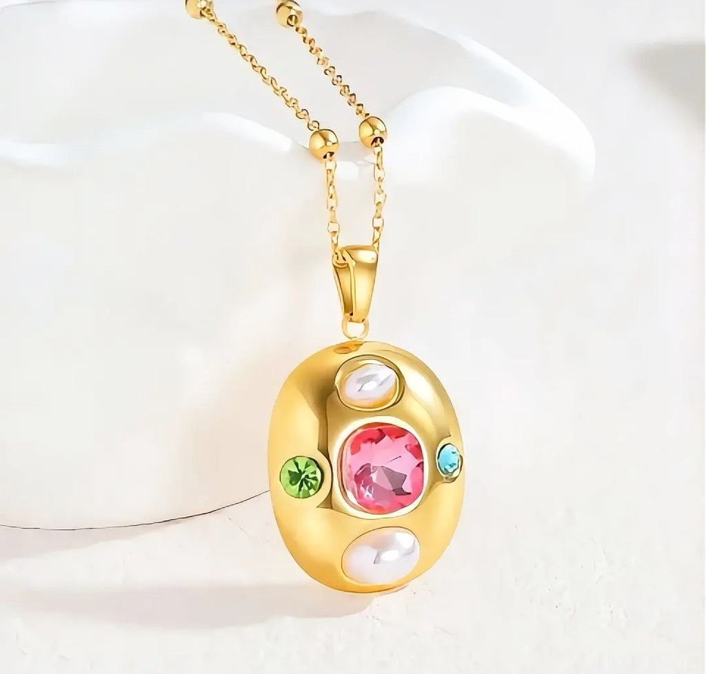 18K Gold Plated Oval Pendant Necklace with Zircon | Stainless Steel