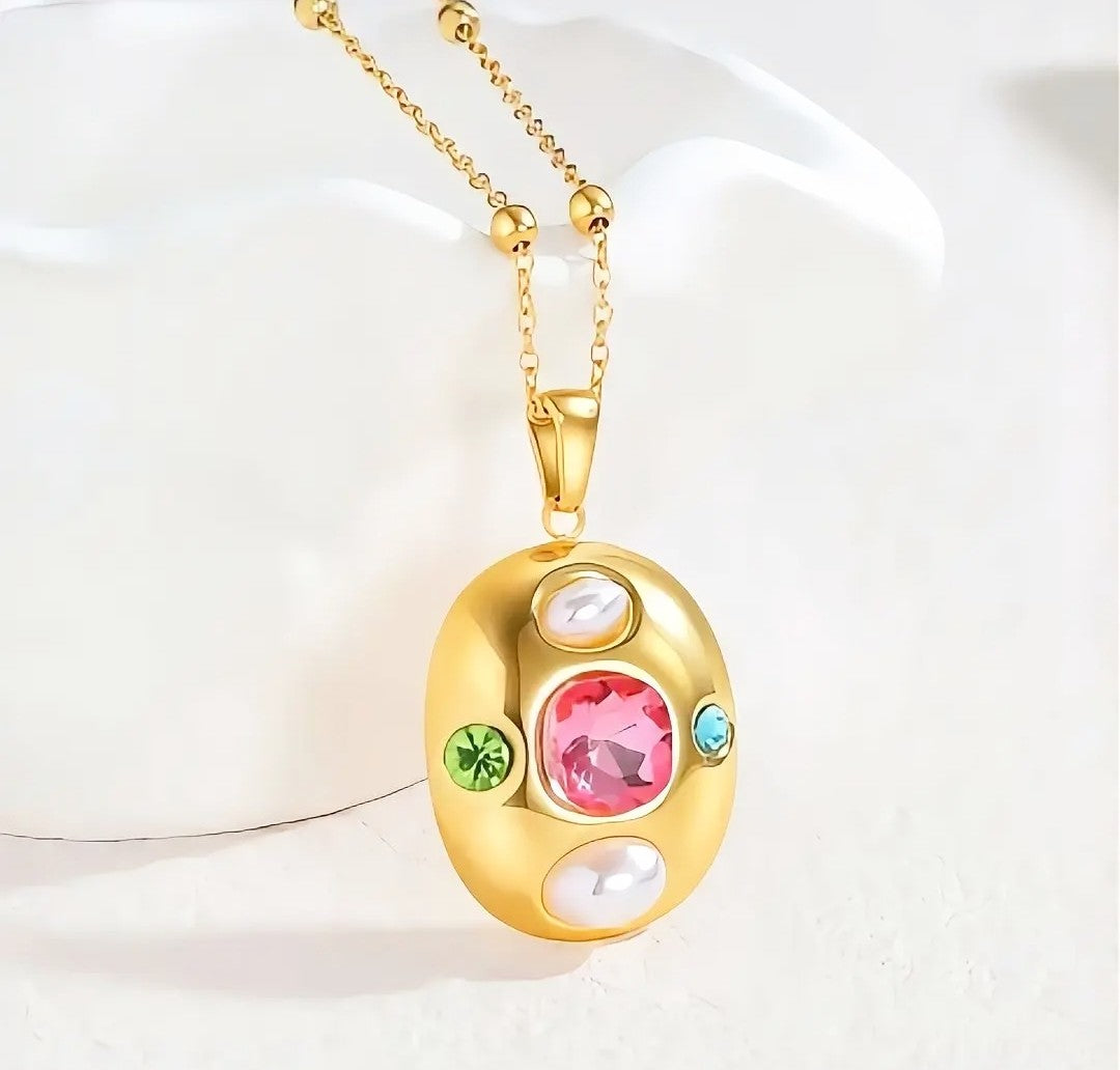 18K Gold Plated Oval Pendant Necklace with Zircon | Stainless Steel