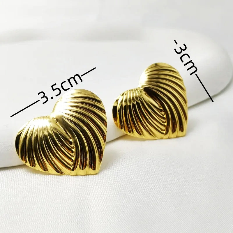 Gold Sculpted Heart Stud Earrings – 304 Stainless Steel