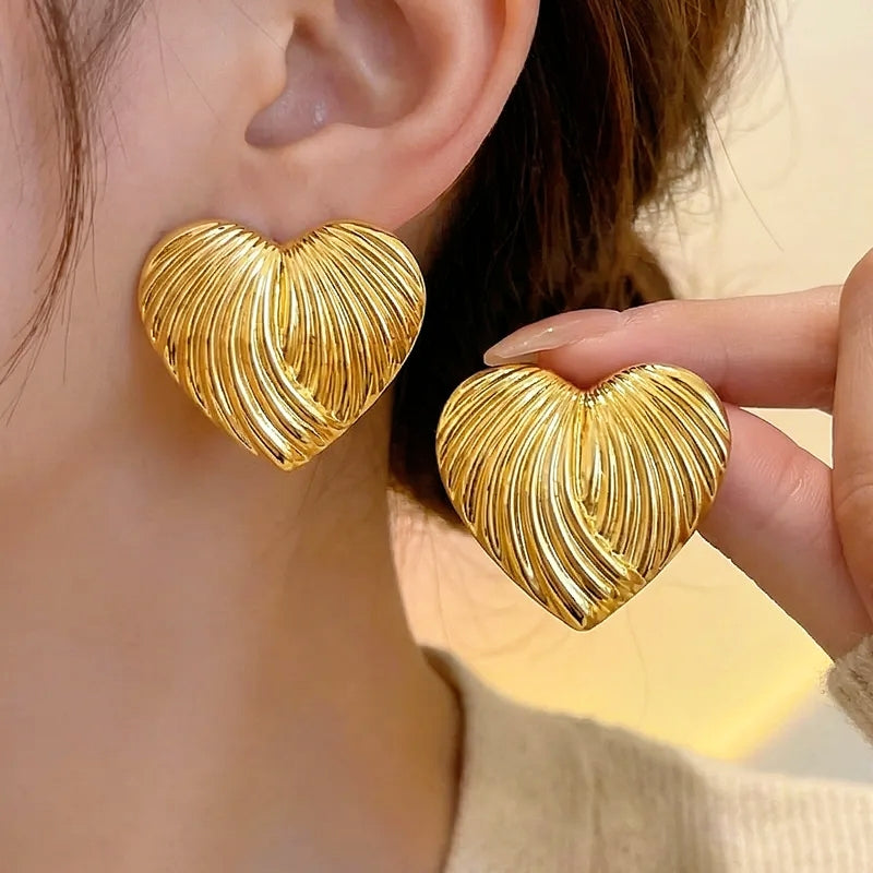Gold Sculpted Heart Stud Earrings – 304 Stainless Steel