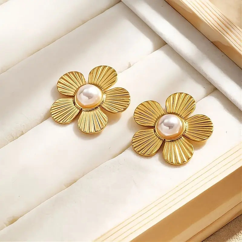 Golden Bloom Flower Stud Earrings | 316L Stainless Steel
