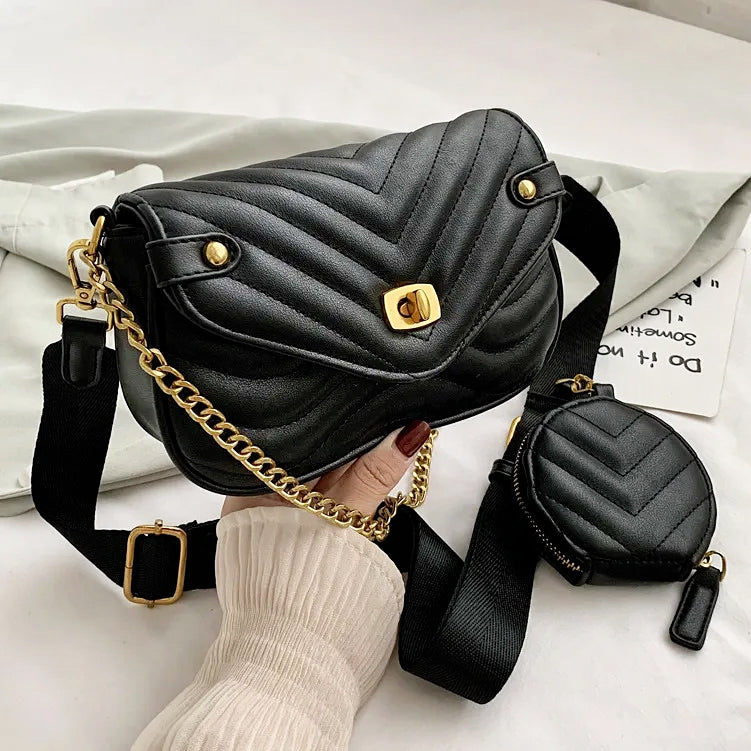 Quilted Crossbody Bag with Gold Chain & Mini Pouch