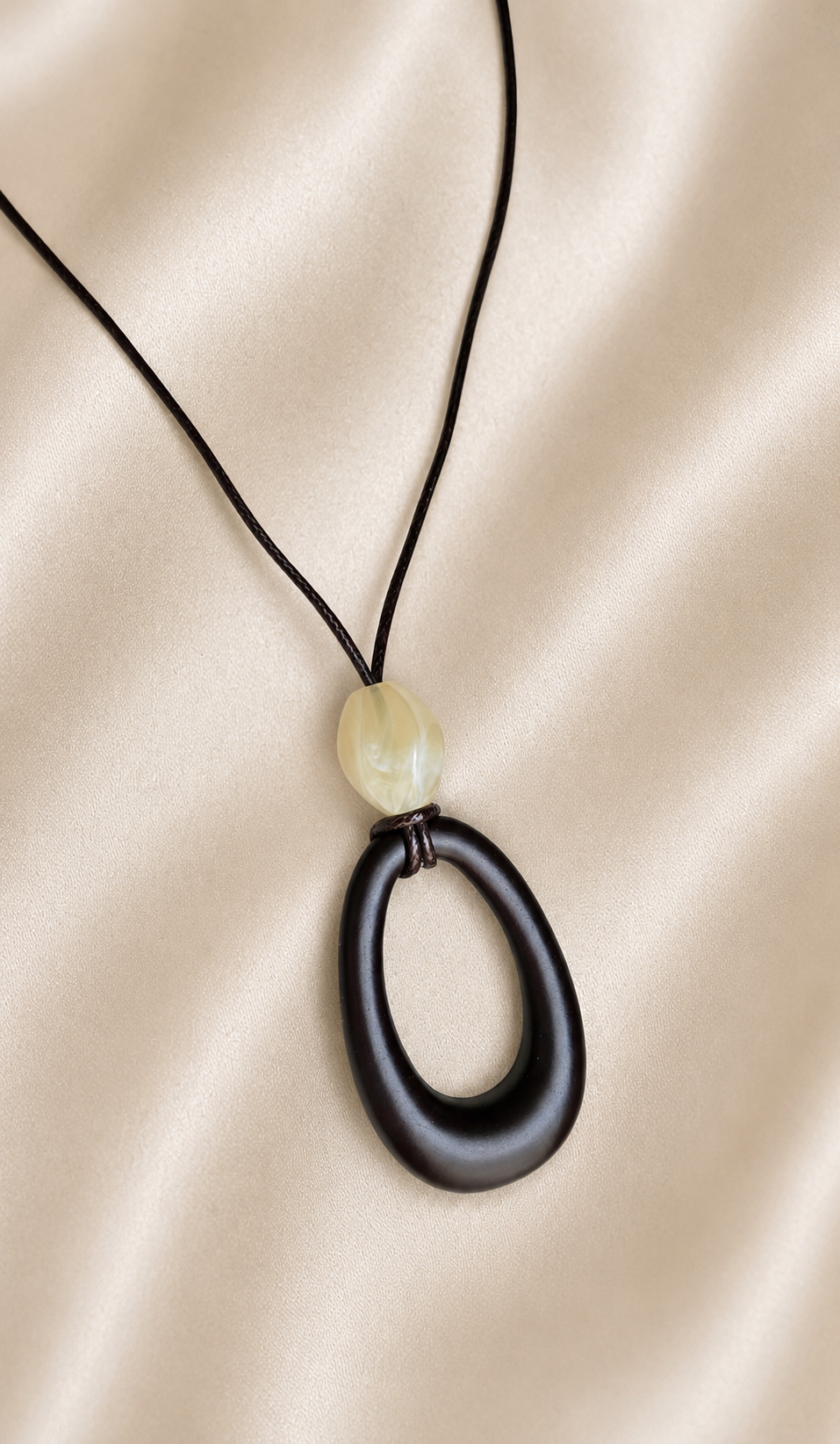 Natural Wood & Resin Oval Pendant Necklace/ Long Cord