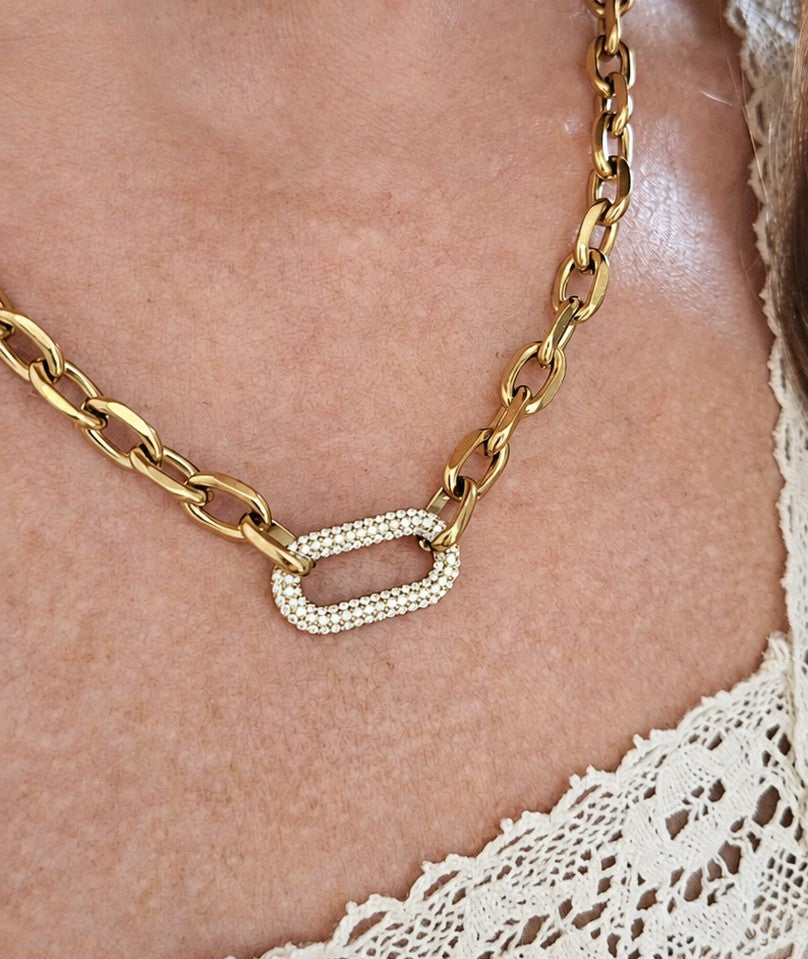 Gold Chunky Link Necklace with Pavé Carabiner