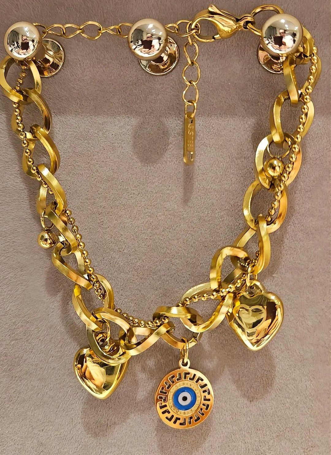 18K Gold-Plated Heart & Evil Eye Charm Bracelet