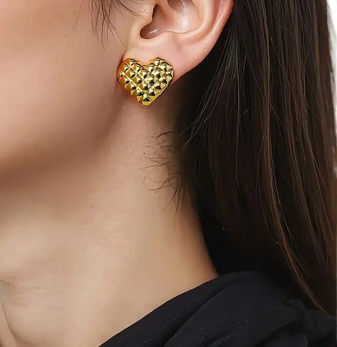 Textured Gold Heart Stud Earrings | 304 Stainless Steel