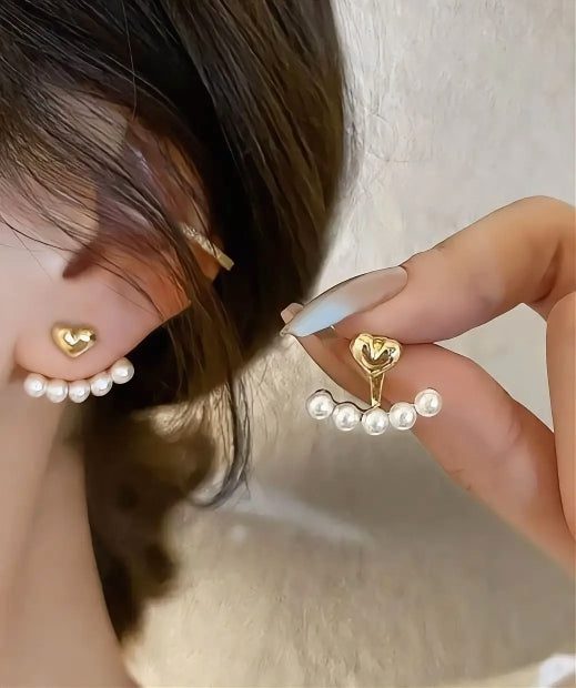 Gold Heart Pearl Stud Earrings – 304 Stainless Steel