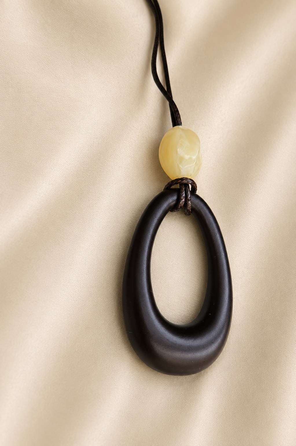 Natural Wood & Resin Oval Pendant Necklace/ Long Cord