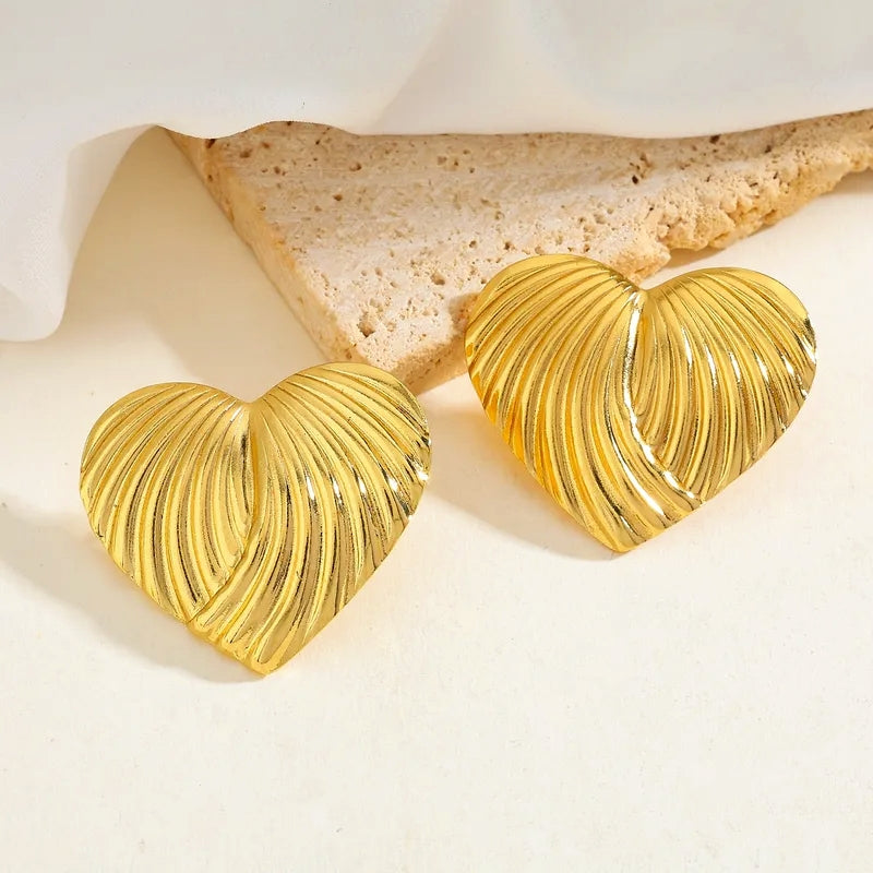 Gold Sculpted Heart Stud Earrings – 304 Stainless Steel