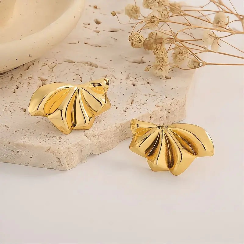 Sculpted Gold Floral Stud Earrings – 304 Stainless Steel