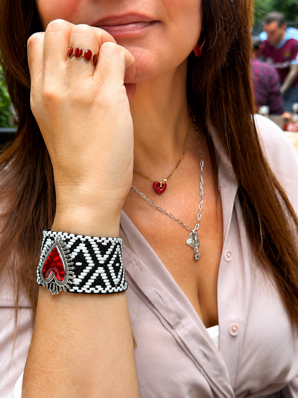 Black & White Woven Bracelet with Metal Heart Charm
