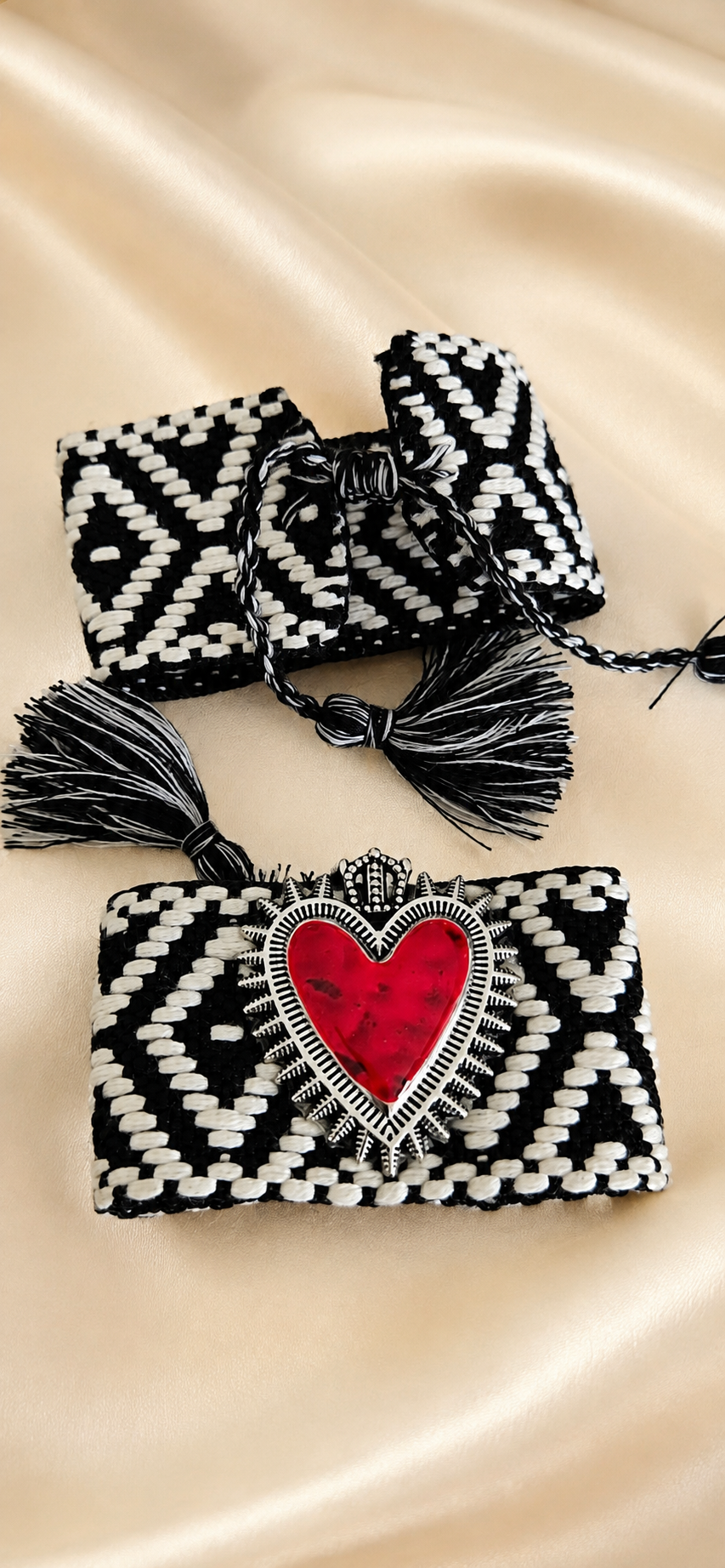 Black & White Woven Bracelet with Metal Heart Charm